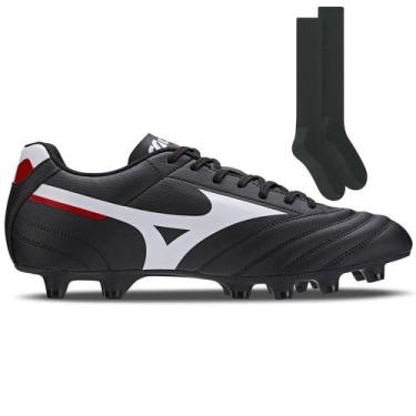 Imagem de Kit Chuteira Campo Mizuno Morelia Club + Par de Meião, Preto, Branco, 