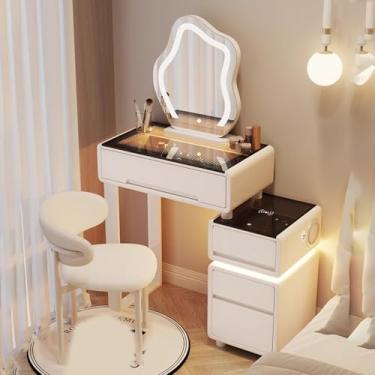 Imagem de Mesa de maquiagem inteligente com gaveta, alto-falantes e estação de carregamento, armário lateral retrátil, inclui cadeira - Mesa elegante e funcional para aplicação de maquiagem sem esforço