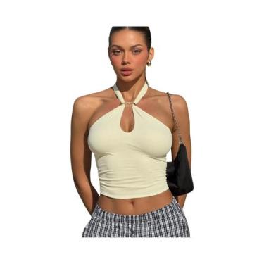Imagem de Top Cropped Feminino Halter Sem Costas Com Bandagem, Moda Casual De Ve