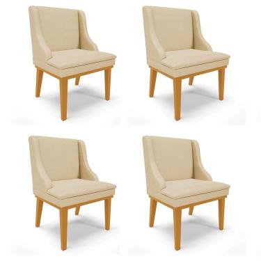 Imagem de Kit 4 Cadeiras Estofadas Para Sala De Jantar Base Fixa De Madeira Castanho Lia Veludo Off White - Ibiza