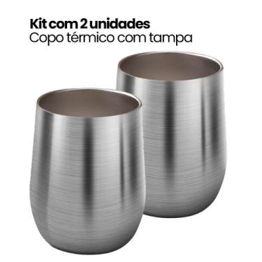 Imagem de Kit 2 COPOS_Copo Térmico Tipo Cuia Com Tampa, 350ml, Parede Dupla Inox