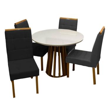 Imagem de Mesa de Jantar Berlim 100cm Redonda com Vidro e 4 Cadeiras Giulia em Veludo Estofadas Cel Móveis Cor Cinamomo Off White com Tecido Preto