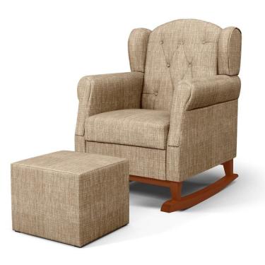 Imagem de Poltrona Amamentação Base Madeira Balanço E Puff Letícia Linho Bege Escuro - Phoenix