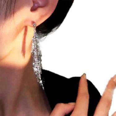 Imagem de Maxi Brinco Franja Strass Luxo Casamento Noiva Festa Pratead - - anjo 