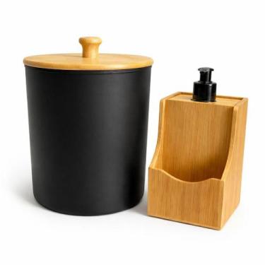Imagem de Kit Pia Cozinha Bambu Porta Detergente Dispenser 500ml E Lixeira De Pi