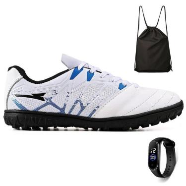 Imagem de Kit Chuteira Futebol Society Bico de Couro Grama Sintetica + Mochila + Relogio Adulto-Unissex