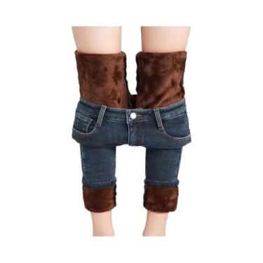 Imagem de Calças Jeans Femininas Térmicas De Inverno Com Forro De Lã Quente E Av