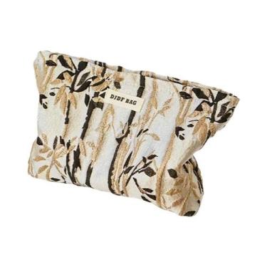 Imagem de Bolsa De Maquiagem Feminina Grande Com Estampa De Flores Douradas, Est