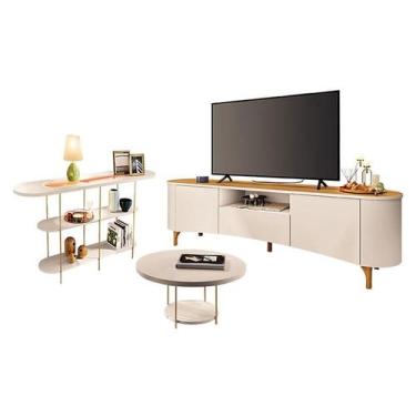 Imagem de Rack Bancada Elara Off White Cinamomo com Mesa de Centro Sky e Aparado