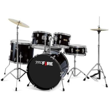 Imagem de Bateria Acústica Pro Fire 20" Cromada Com Banco e Pratos, Preto