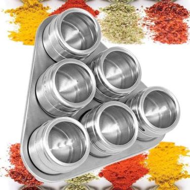 Imagem de Porta Temperos Cozinha Condimento Inox 6 Peças Magnético Imã Tampa Vid
