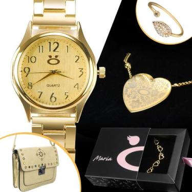 Imagem de relogio feminino banhado aço + anel + pulseira + colar presente ouro q