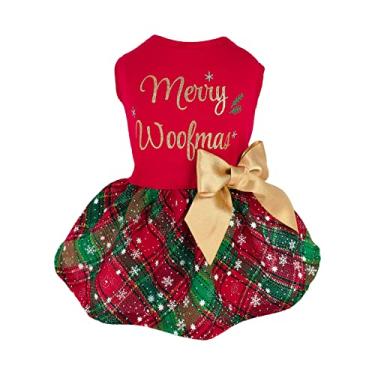 Imagem de Fitwarm Merry Woofmas 100% algodão roupas de Natal para cães vestido de férias para cães leve fantasia para filhotes roupas para animais de estimação com laço, roupas de gato, vermelho, pequeno