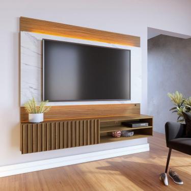 Imagem de Painel para TV até 65 Polegadas Ripado com Marmorizado 3D e Fita de LED Ibiza Plus Yescasa Noce Milano/Calacatta