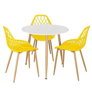 Imagem de Loft7, Mesa de jantar redonda 80 cm branco + 3 cadeiras Clarice Cloe Amarelo