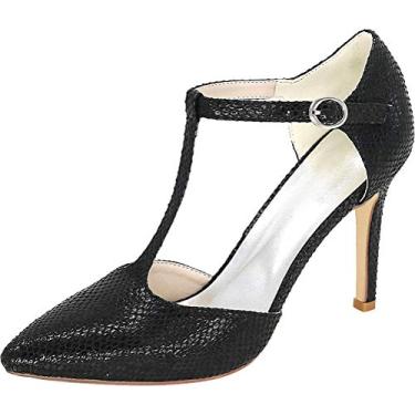 Imagem de Sapato feminino T Bar casamento salto 9,8 cm bico fino brvestido de festa noite PU salto dama de honra fechado slip on pele de cobra, Preto, 6