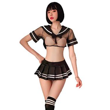 Imagem de SINMIUANIME Roupa íntima feminina uniforme escolar feminino sexy saia curta gato e coelho traje cosplay feminino (6963Preto)