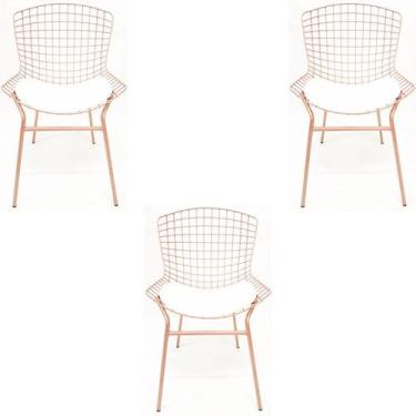 Imagem de Kit 3 Cadeiras Bertóia Cor Rosé Fosco Assento Branco Tubular - Poltron