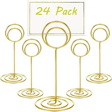 Imagem de Toncoo Pacote com 24 suportes de números de mesa premium e 24 cartões de mesa com borda dourada, suporte de cartão de visita, suporte de placa de mesa, porta-cartões de nome de mesa de casamento (dourado)