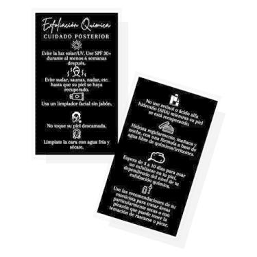 Imagem de Cartão de cuidados de peeling químico espanhol | Pacote com 50 | Cartão de visita de 5 x 8,9 cm | Suprimentos faciais | Para esteticistas tratamentos de pele de peeling químico | Design de cartão preto