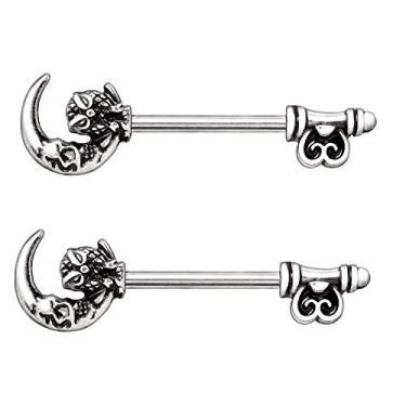 Imagem de Barras de bico de aço inoxidável gótico com esqueleto de coruja e lua, vendidas em pares