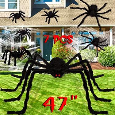 Imagem de jollylife 7PCS Halloween Decorations Outdoor Fake Giant Spiders - Scary Props for Yard Haunted House Indoor Party Decor Supplies (47”×1pcs, 30”×1pcs, 20”×2pcs, 12”×3pcs)