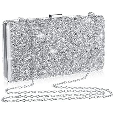 Imagem de Bolsa clutch para noite feminina com strass e glitter, dupla face com corrente, bolsa transversal de ombro para festa de casamento, Prata, Modern Style