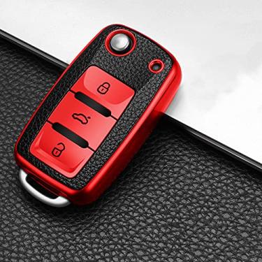 Imagem de YJADHU TPU couro masculino feminino chaveiro capa de chave de carro, apto para Volkswagen VW Jetta Golf Passat Beetle Skoda Seat Polo B5, A, vermelho