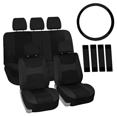 Imagem de FH Group FB030BLACK115-COMBO conjunto de capas de assento com capa de volante e almofada de cinto de segurança (airbag compatível e banco dividido preto)