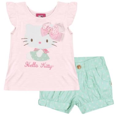 Imagem de Camiseta Infantil Rosa Hello Kitty e Short Poá Verde Água