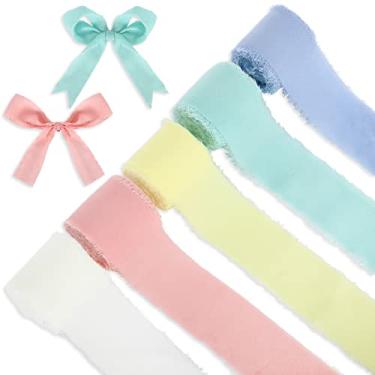 Imagem de Whaline 5 Rolls Fita de Seda Chiffon Franja Feita à Mão Única Suave Rústica Franja Irritada Rosa Azul Verde Creme Conjunto de Fitas Amarelas para Embrulho de Presente Buquês de Noiva de Casamento Artesanato DIY 1,5" x 27Yd