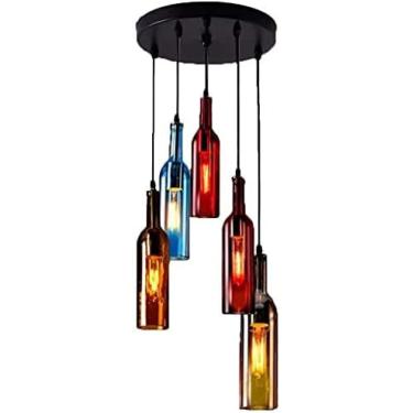 Imagem de Lâmpada Pingente De Garrafa De Vidro LED, Luminária Suspensa De Vento Industrial Vintage Luminária Pendente Com Abajur De Garrafa De Vinho De Vidro Colorido Retrô Luz De Jantar Lustre Ajustável Em