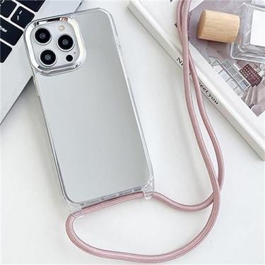 Imagem de Alça Cordão Corrente Colar Fita Estojo De Telefone Para iPhone 14 13 12 11 Pro Max 14Plus Espelho Acrílico À Prova De Choque Tampa Traseira TPU, Rosa, Para iPhone 14
