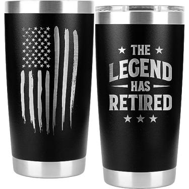 Imagem de PRPinkRain Presentes de aposentadoria para homens 2024 - The Legend Has Retired - Copo com bandeira americana, presentes de mordaça para homens, ele, marido, colegas de trabalho