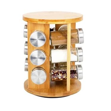 Imagem de Porta Temperos Giratório Bambu Redondo 12 Potes com tampa Inox