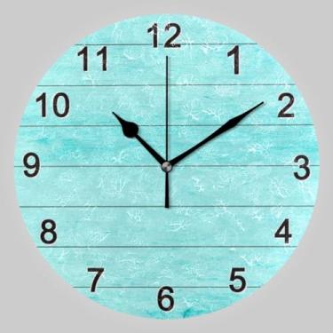 Imagem de CHIFIGNO Relógio de parede circular de prancha de madeira azul branco, relógios de parede silenciosos operado por bateria relógio de parede criativo para casa, escola, escritório