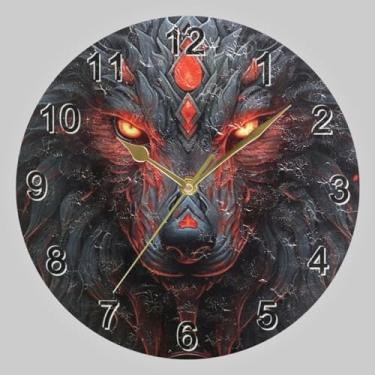 Imagem de CHIFIGNO Relógio de parede preto vermelho lobo e pintura de águia feito com cores do arco-íris e estrelas relógio redondo, relógio de parede decorativo operado por bateria relógio de parede relógios