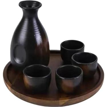 Imagem de Conjunto de saquê japonês Garrafa de saquê de cerâmica e copos de saquê com bandeja de madeira para casa ou restaurante (1 pote 4 xícaras), bandeja redonda grande 1 pote 4 xícaras (amarelo b