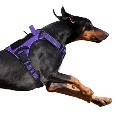 Imagem de BUMBIN Peitoral tático para cães grandes, antipuxão, famoso TIK Tok sem puxão, adequado para caminhar, refletivo, inteligente, para treinamento, peitoral ajustável para cães com alça roxo G