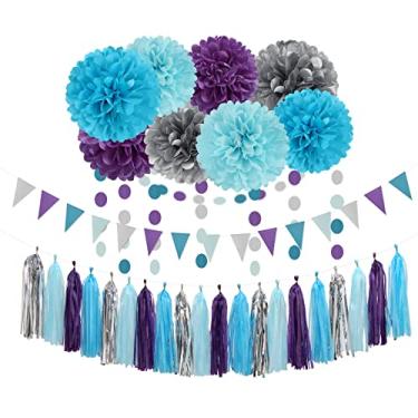 Imagem de Decorações de festa de Natal congeladas de prata roxo-azul - 30 peças de pompons de tecido, faixa de guirlanda de borla de aniversário de menina de inverno, país das maravilhas chá de bebê sereia presente de casamento decoração surpresa duradoura