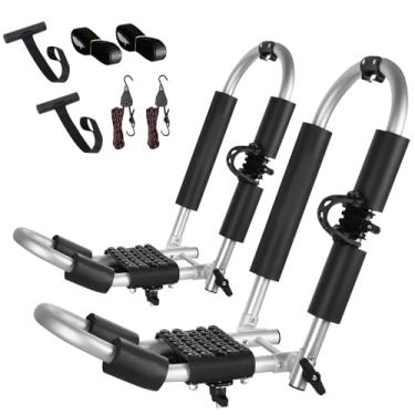 Imagem de FORWODE Rack de teto para caiaque, alumínio 2 em 1, 1 par, J-Bar, suporte dobrável ajustável, peso de 36 kg, suporte de teto para caiaque, canoa, SUV, prancha de surfe em SUV, barra transversal de