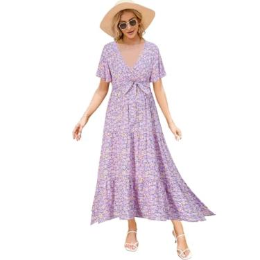 Imagem de FUNJULY Vestido feminino para gestantes, gola V, manga bufante, plissado, para chá de bebê ou uso casual, Roxo, flor, XXG