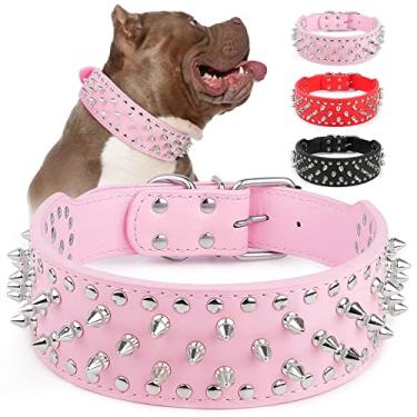Imagem de Epesiri Coleira para cachorro com ponta larga ajustável, coleiras para cães de gato em couro PU com rebite de cogumelo, coleira para animais de estimação cravejada com espiga durável para raça pequena, média e grande, como pit Bull mastiff buldogue Husky, rosa