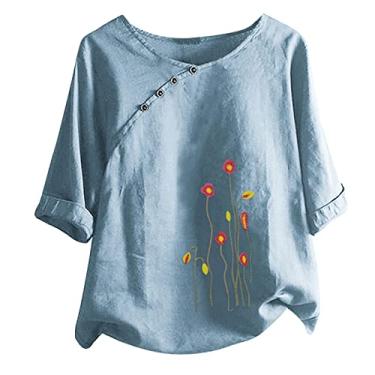 Imagem de Blusa de linho feminina casual de verão, túnica solta, gola redonda, botão, blusa plus size, caimento solto, estampa de elefante, Z - Tops de linho - B-azul, XG
