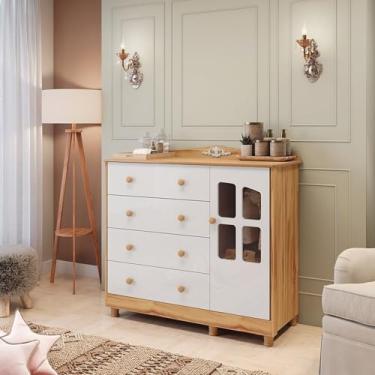 Imagem de Cômoda de Bebê 120,30cm 1 Porta com Janela 4 Gavetas 100% Mdf Maya Clássico Espresso Móveis Branco Brilho/Amêndoa