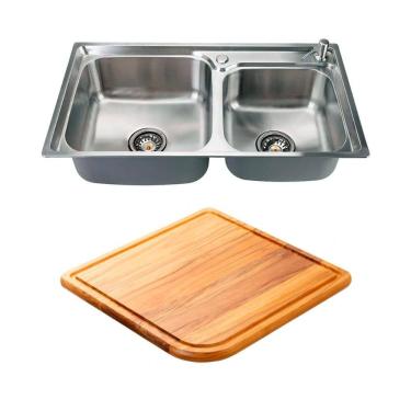 Imagem de Kit Cuba Dupla Gourmet para Cozinha com Acessórios Aço Inox 201 78x43cm e Tábua de Corte Potiguara Pingoo.casa