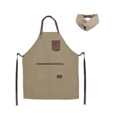 Imagem de Avental Bege Couro Marrom e Faixa Chef Cozinha Cafeteria Bar