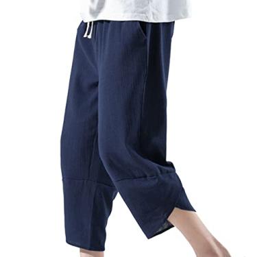 Imagem de Yoyorule Nova calça casual de verão de seda gelada masculina moderna de algodão e linho calças harém retrô tendência masculina calça cropped estrela, Azul-marinho, XXG