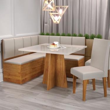 Imagem de Conjunto Canto Alemão com Baú Trento Mesa Quadrada com Vidro 90x90 e 2 Cadeira Venus em Mdp/mdf Mel/Marfim/Off White
