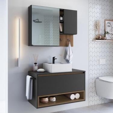 Imagem de Conjunto para Banheiro Gabinete Suspenso 80cm com Toalheiro Cuba e Espelheira Cj8060.10 Mel/Grafite